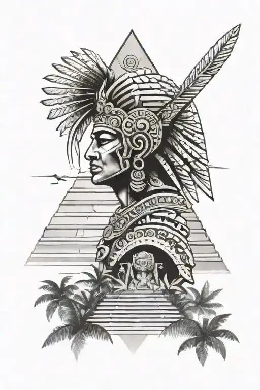 Aztec Pyramid Emerging With Aztec Warrior Over Jungle Background