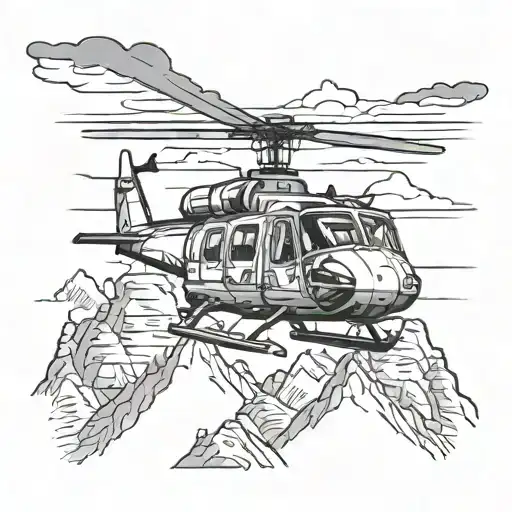 Huey Helicopter Flying Through Mountain Range