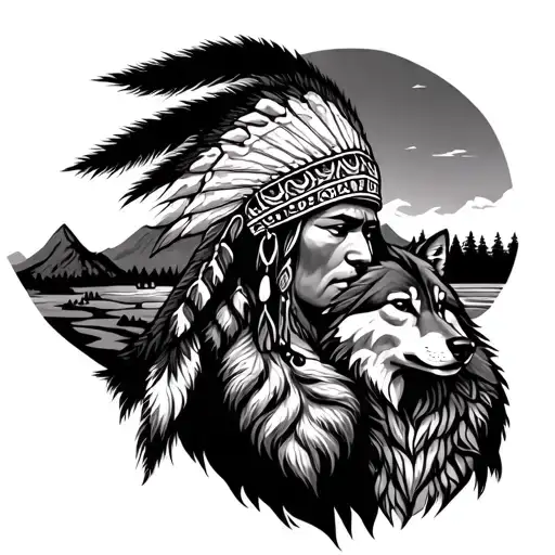 An Indian With A Wolf And A Landscape