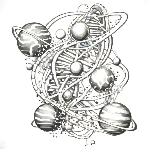A Dna Double Helix With Planets Orbiting Around It