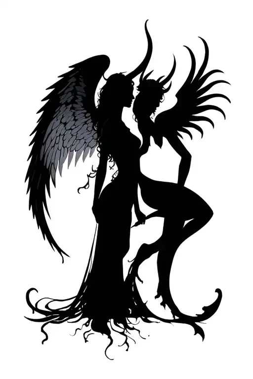 Angel Woman Silhouette Standing Next To Demon Woman Silhouette