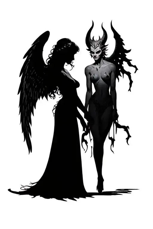 Angel Woman Silhouette Standing Next To Demon Woman Silhouette