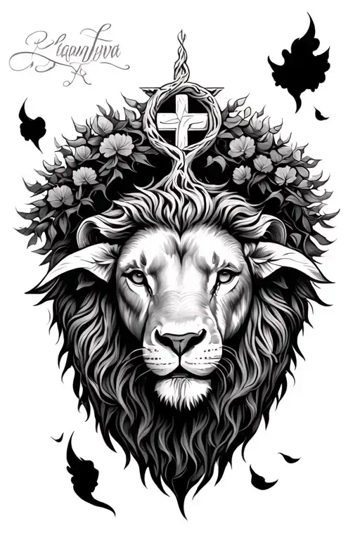 Lamb Under Lion On Forearm Lions Mane Become Tree Of Life Connection To Cross On Shoulder