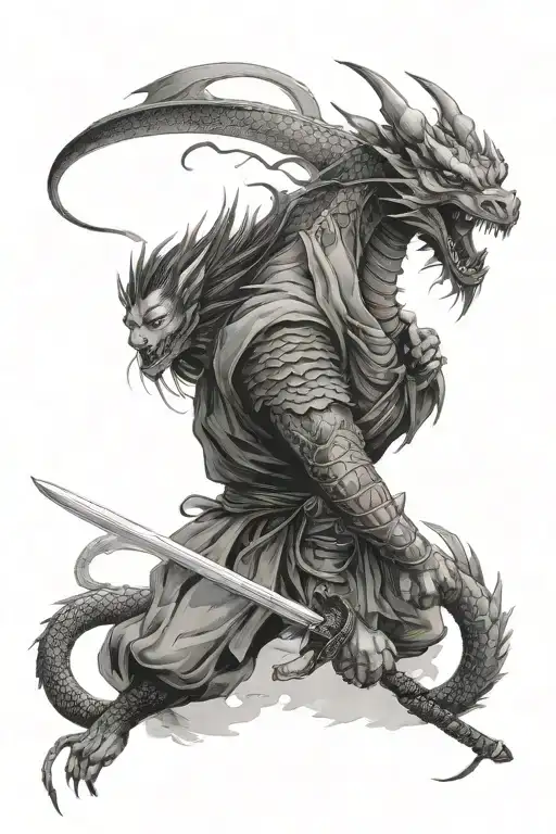 Dragon And Samurai With Katana