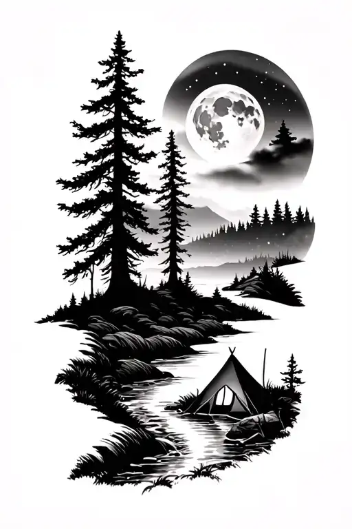 A Half Sleeve Forest With A Stream And A Pup Tent Pitched In The Distance At Night With A Moon
