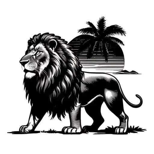 An Engineer's Blueprint Of A Lion With A Florida Sunset Background