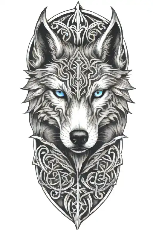 Wolf With Blue Eyes On Armor Tattoo Design Featuring Celtic Trinity Knot