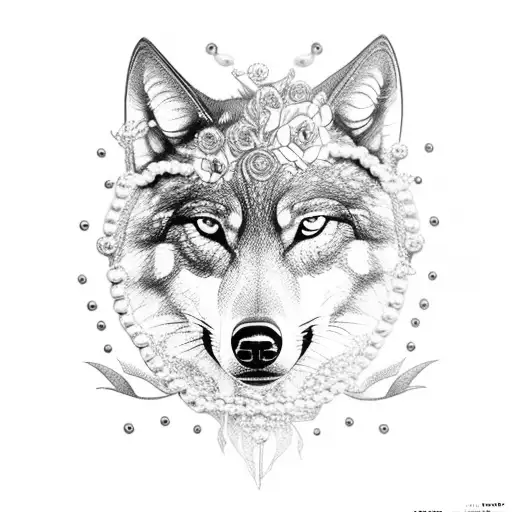 Thin Outlined Wolf With Flowers And Pearls
