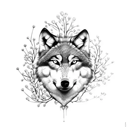 Wolf With Chery Blossom And Pearls