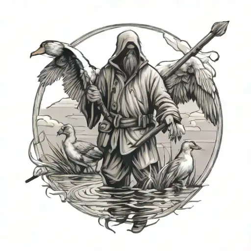Duck Hunting Reaper Standing In Water Holding Ducks