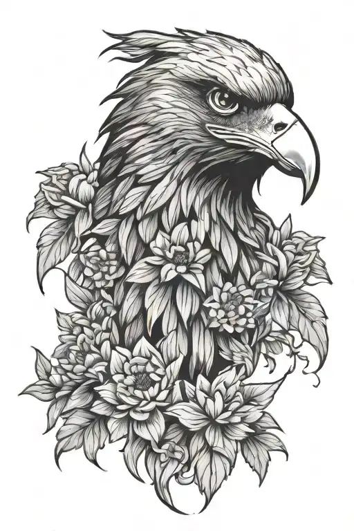 Eagle Head With Naraissus And Chrysenthemum Flowers