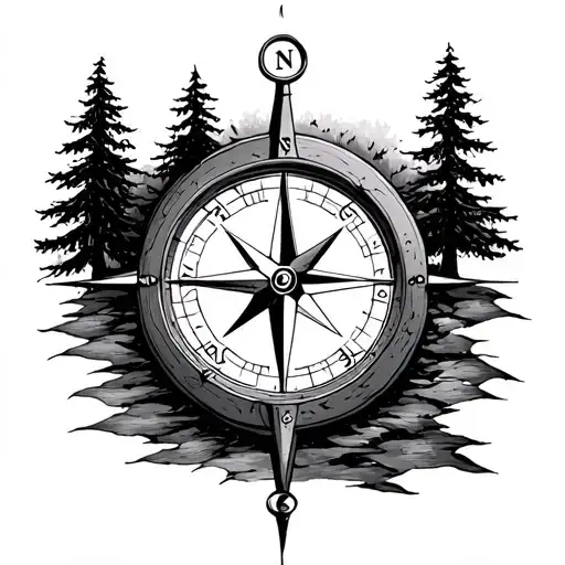Compass With Trees Black And White Drawing