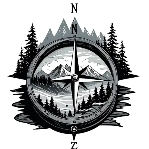 Compass With Trees And Mountains Inside Of It