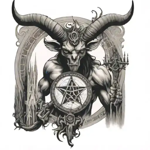 Evil Baphomet With Cathedral In Background Looking Through Lens