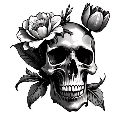 Skull With A Tulip And A Flower Bouquet