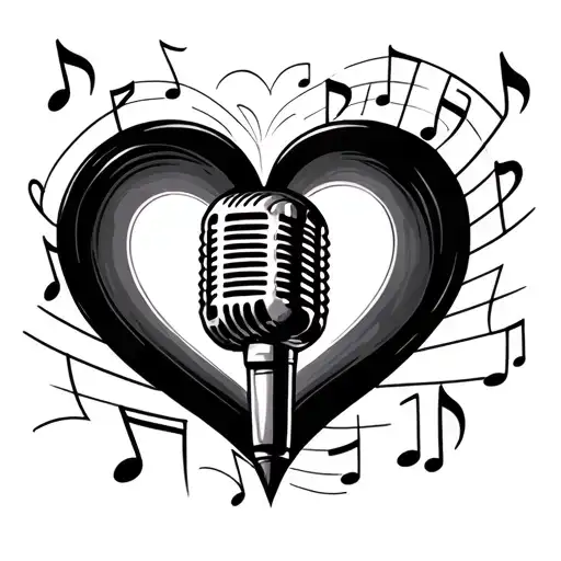 Black Heart Microphone Music Notes Floating
