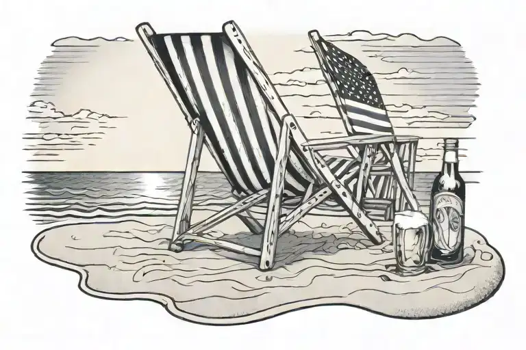 Sunset On Beach With Deck Chairs And An American Flag With One Beer Bottle In The Sand