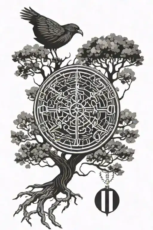 Vegvisir Symbol Above Yggdrasil Tree With Hugin Munin And Add Geometric Line Patterns