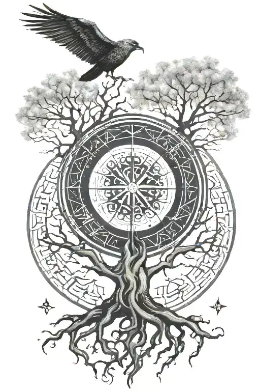 Vegvisir Symbol Above Yggdrasil Tree With Hugin Munin And Add Geometric Line Patterns Tattoo
