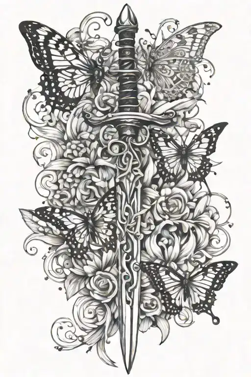 Sword Intertwined With Butterflies Fluttering