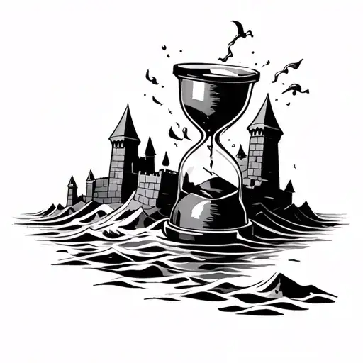 Broken Hourglass With Sandcastle Being Washed Away