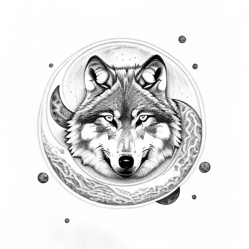 Wolf With Moon And Flowers