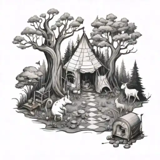 Magical Creatures Camping In A Fairytale Forest And Playing A Board Game