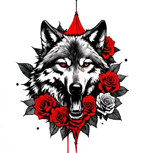 Wolf Tearing The Skin Accompanied By A Red And Black Gin Jan Serca A Tent With Many Roses