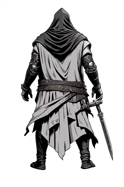 Hooded Assassin Warrior Standing Back View