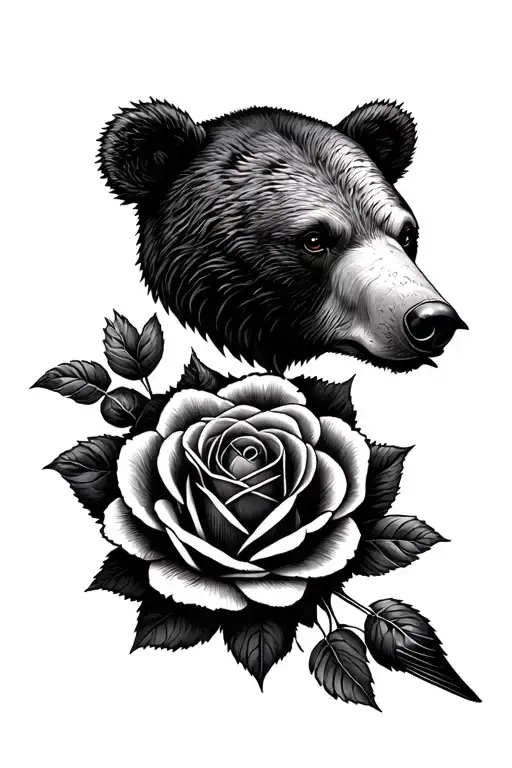 Bear Head And A Rose And A Swallow Bird