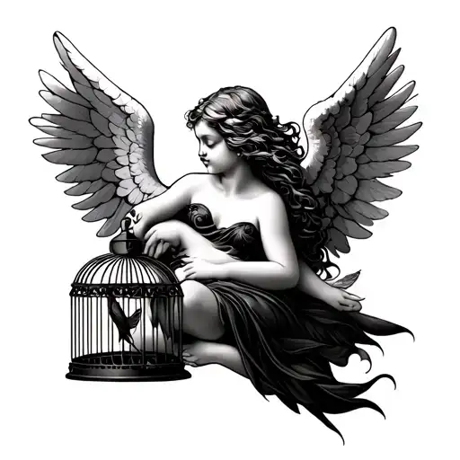 Lying Angel And Bird Cage