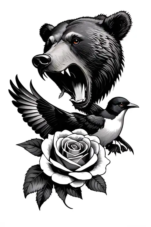Bear Head Roaring And A Rose And A Swallow Bird