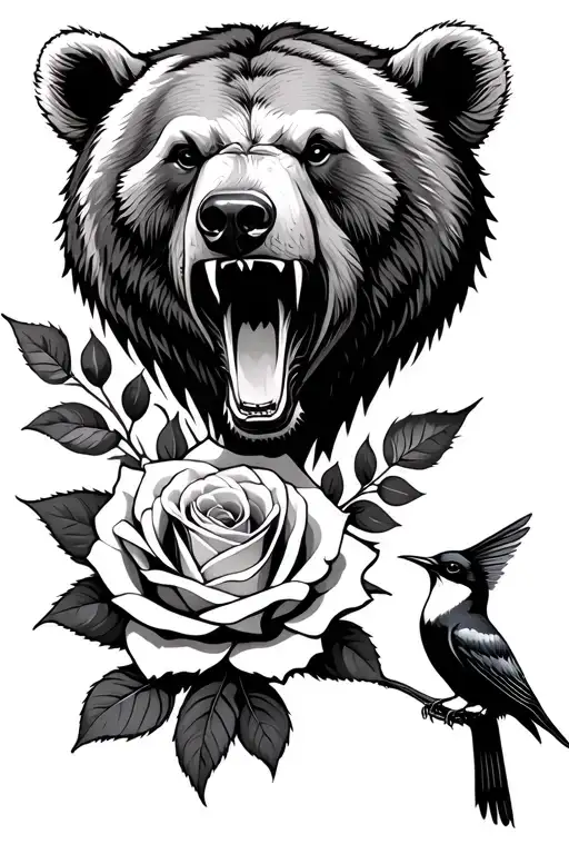 Realistic Bear Head Roaring And A Rose And A Swallow Bird