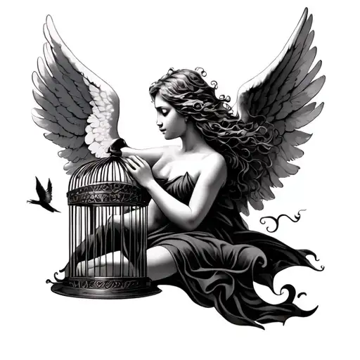 Lying Angel And Flying Bird Cage