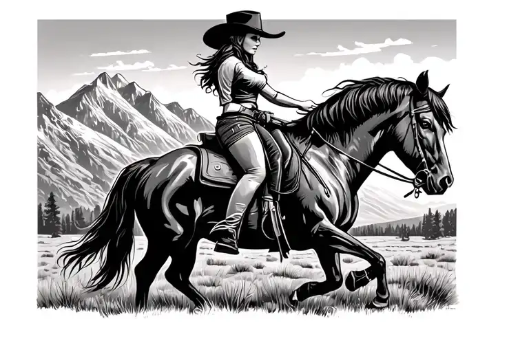 Mountains And Cowgirl Riding A Horse