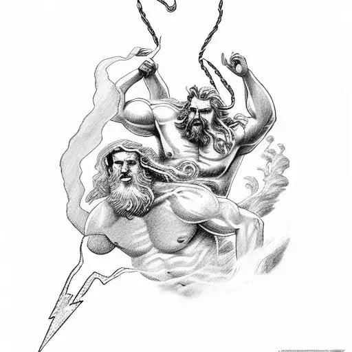Zeus And Posiedon With Lightning Bolts And Ocean