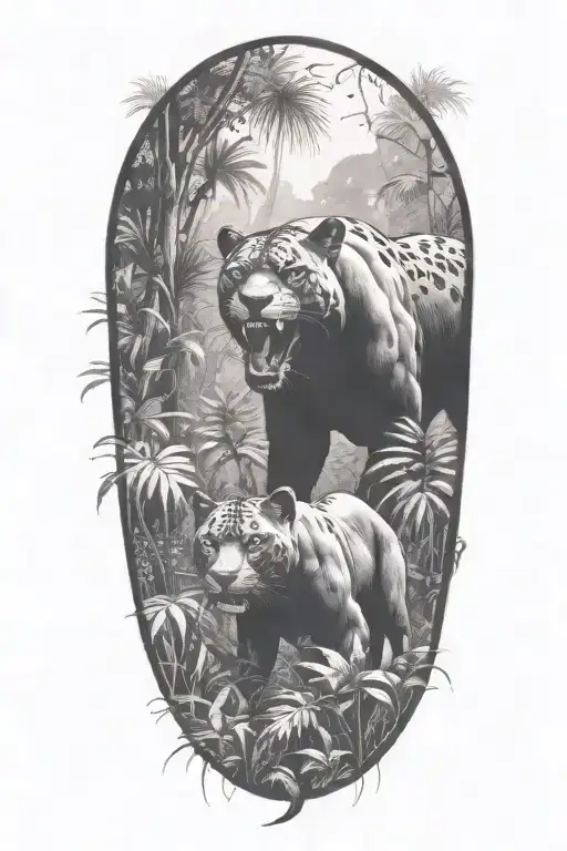 A Pack Of Panthers Stalking Through A Dense Jungle With Rain Falling