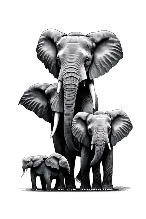 Family Of 4 Elephants With Two Adult And Two Baby Ones