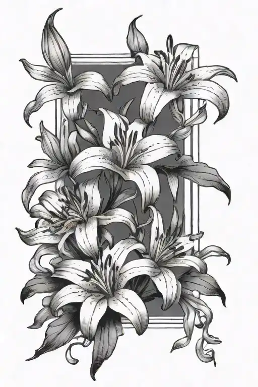 Japanese Style Lilies In A Black And White Rectangle