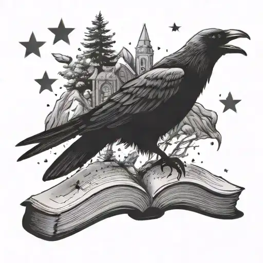 Books And Mountain With Stars And Raven Perched