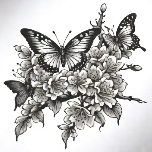 Cherry Blossom Tree With Butterflies Around