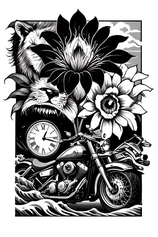 Iris Flower With A Clock And An Lions Eye And An Motorcycle With Some Japanese Waves
