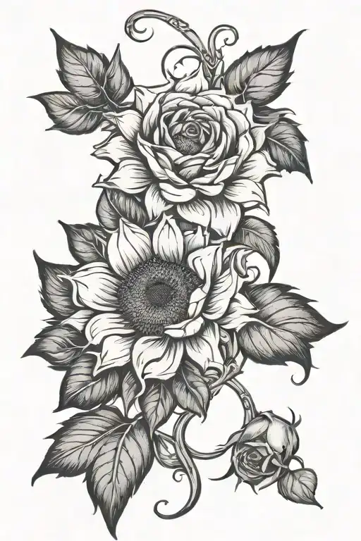 Sunflower And Roses Intertwined