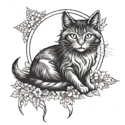 A Witchy Cat Familiar Surrounded By A Halo Of Wildflowers And Crystals