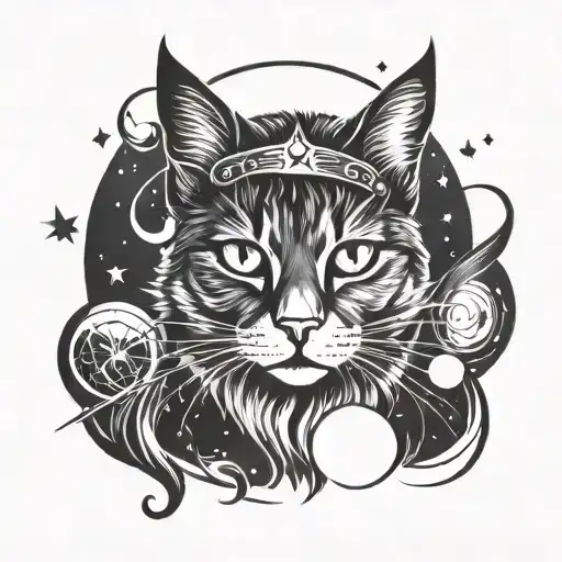 A Witchy Cat Silhouette Surrounded By Cosmic Elements