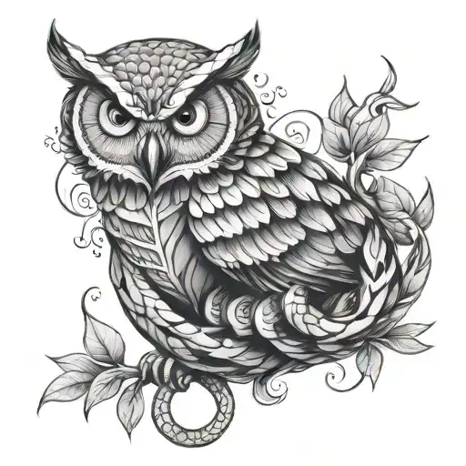 Snake And Pomagranate Coiled Loosely Around An Owl