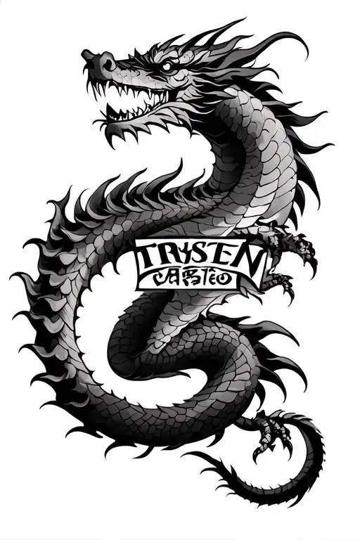 Japanese Dragon With The Word Trysten In Its Scales
