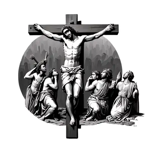 Crucifixion Of Jesus With Roman Soldiers Mocking Jesus And Mary Praying At His Feet