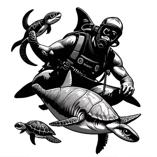 Old School Diver With A Shark And 2 Sea Turtles