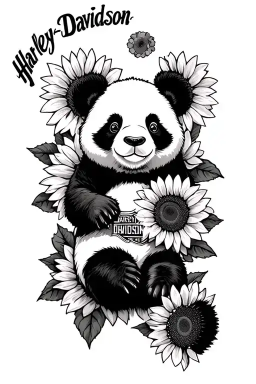 Harley Davidson Name With Sunflowers And Panda Bear